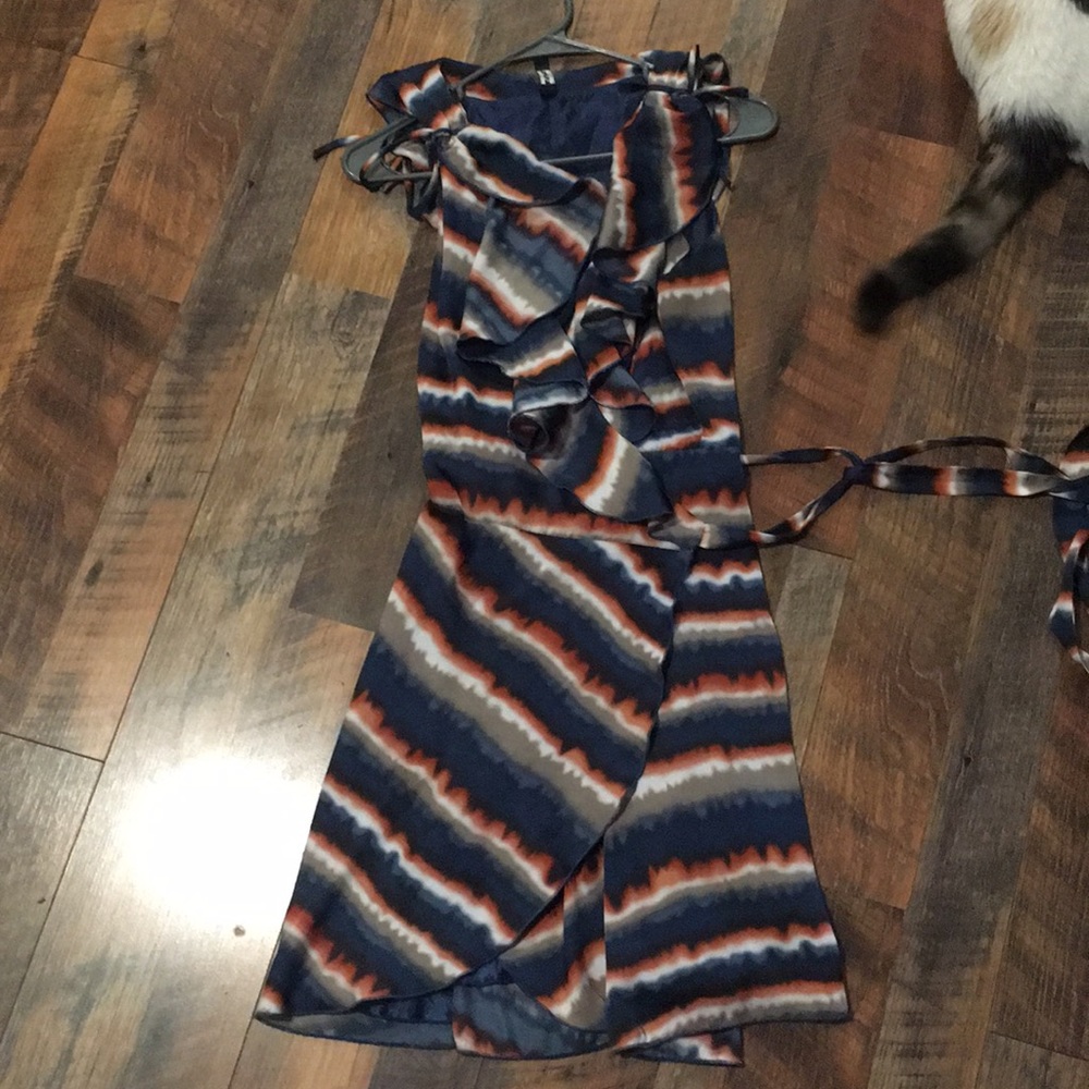 Blue, orange, and grey wrap dress